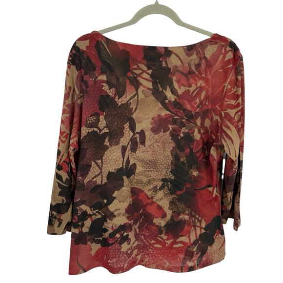 Coldwater Creek Top Large Pleated V Neck Stretch Crepe Autum Color Floral Pullov - Picture 2 of 9
